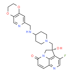 ChemSpider 2D Image | (S)-4-((4-(((2,3-Dihydro-[1,4]dioxino[2,3-C]pyridin-7-Yl)methyl)amino)piperidin-1-Yl)methyl)-3-Fluoro-4-Hydroxy-4h-Pyrrolo[3,2,1-De][1,5]naphthyridin-7(5h)-One | C24H26FN5O4