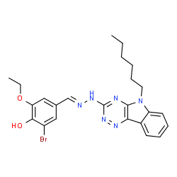 ChemSpider 2D Image | 2-Bromo-6-ethoxy-4-{(E)-[(2Z)-(5-hexyl-2,5-dihydro-3H-[1,2,4]triazino[5,6-b]indol-3-ylidene)hydrazono]methyl}phenol | C24H27BrN6O2