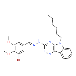 ChemSpider 2D Image | 3-[(2E)-2-(3-Bromo-4,5-dimethoxybenzylidene)hydrazino]-5-hexyl-5H-[1,2,4]triazino[5,6-b]indole | C24H27BrN6O2