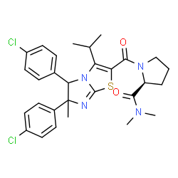 ChemSpider 2D Image | 1-{[5,6-Bis(4-chlorophenyl)-3-isopropyl-6-methyl-5,6-dihydroimidazo[2,1-b][1,3]thiazol-2-yl]carbonyl}-N,N-dimethyl-L-prolinamide | C29H32Cl2N4O2S