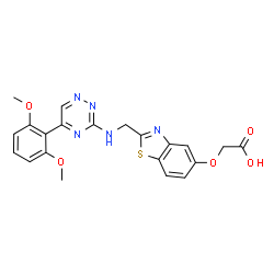 ChemSpider 2D Image | {[2-({[5-(2,6-Dimethoxyphenyl)-1,2,4-triazin-3-yl]amino}methyl)-1,3-benzothiazol-5-yl]oxy}acetic acid | C21H19N5O5S