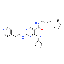 ChemSpider 2D Image | 4-(Cyclopentylamino)-N-[3-(2-oxo-1-pyrrolidinyl)propyl]-2-{[2-(4-pyridinyl)ethyl]amino}-5-pyrimidinecarboxamide | C24H33N7O2