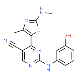 ChemSpider 2D Image | 2-[(3-Hydroxyphenyl)amino]-4-[4-methyl-2-(methylamino)-1,3-thiazol-5-yl]-5-pyrimidinecarbonitrile | C16H14N6OS