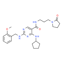 ChemSpider 2D Image | 4-(Cyclopentylamino)-2-[(2-methoxybenzyl)amino]-N-[3-(2-oxo-1-pyrrolidinyl)propyl]-5-pyrimidinecarboxamide | C25H34N6O3