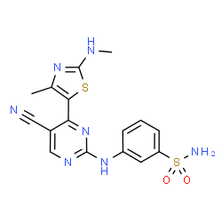 ChemSpider 2D Image | 3-({5-Cyano-4-[4-methyl-2-(methylamino)-1,3-thiazol-5-yl]-2-pyrimidinyl}amino)benzenesulfonamide | C16H15N7O2S2