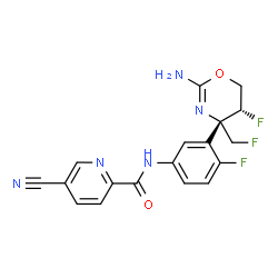 ChemSpider 2D Image | N-{3-[(4S,5R)-2-Amino-5-fluoro-4-(fluoromethyl)-5,6-dihydro-4H-1,3-oxazin-4-yl]-4-fluorophenyl}-5-cyano-2-pyridinecarboxamide | C18H14F3N5O2