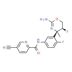 ChemSpider 2D Image | N-{3-[(4R,5S)-2-Amino-5-fluoro-4-methyl-5,6-dihydro-4H-1,3-oxazin-4-yl]-4-fluorophenyl}-5-cyano-2-pyridinecarboxamide | C18H15F2N5O2