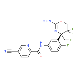 ChemSpider 2D Image | N-{3-[(4S)-2-Amino-5,5-difluoro-4-(fluoromethyl)-5,6-dihydro-4H-1,3-oxazin-4-yl]-4-fluorophenyl}-5-cyano-2-pyridinecarboxamide | C18H13F4N5O2