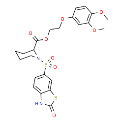 ChemSpider 2D Image | 2-(3,4-Dimethoxyphenoxy)ethyl 1-[(2-oxo-2,3-dihydro-1,3-benzothiazol-6-yl)sulfonyl]-2-piperidinecarboxylate | C23H26N2O8S2