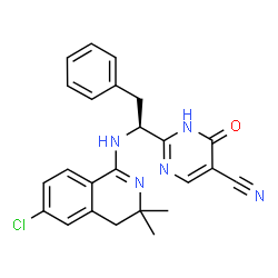 ChemSpider 2D Image | 2-{(1S)-1-[(6-Chloro-3,3-dimethyl-3,4-dihydro-1-isoquinolinyl)amino]-2-phenylethyl}-4-oxo-1,4-dihydro-5-pyrimidinecarbonitrile | C24H22ClN5O