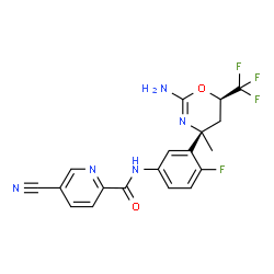 ChemSpider 2D Image | N-{3-[(4S,6R)-2-Amino-4-methyl-6-(trifluoromethyl)-5,6-dihydro-4H-1,3-oxazin-4-yl]-4-fluorophenyl}-5-cyano-2-pyridinecarboxamide | C19H15F4N5O2