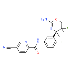 ChemSpider 2D Image | N-{3-[(4R)-2-Amino-5,5-difluoro-4-methyl-5,6-dihydro-4H-1,3-oxazin-4-yl]-4-fluorophenyl}-5-cyano-2-pyridinecarboxamide | C18H14F3N5O2