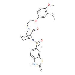 ChemSpider 2D Image | 6-({3-[2-(3,4-Dimethoxyphenoxy)ethyl]-2-oxo-3,9-diazabicyclo[3.3.1]non-9-yl}sulfonyl)-1,3-benzothiazol-2(3H)-one | C24H27N3O7S2