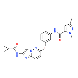 ChemSpider 2D Image | N-[3-({2-[(Cyclopropylcarbonyl)amino]imidazo[1,2-b]pyridazin-6-yl}oxy)phenyl]-1,3-dimethyl-1H-pyrazole-5-carboxamide | C22H21N7O3