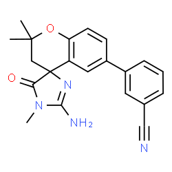 ChemSpider 2D Image | 3-(2'-Amino-1',2,2-trimethyl-5'-oxo-1',2,3,5'-tetrahydrospiro[chromene-4,4'-imidazol]-6-yl)benzonitrile | C21H20N4O2