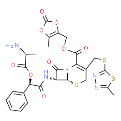 ChemSpider 2D Image | (5-Methyl-2-oxo-1,3-dioxol-4-yl)methyl (6R,7R)-7-{[(2R)-2-(D-alanyloxy)-2-phenylacetyl]amino}-3-{[(5-methyl-1,3,4-thiadiazol-2-yl)sulfanyl]methyl}-8-oxo-5-thia-1-azabicyclo[4.2.0]oct-2-ene-2-carboxyla
te | C27H27N5O9S3