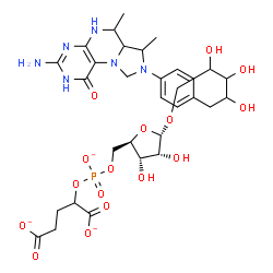 ChemSpider 2D Image | 1-[4-(3-Amino-6,7-dimethyl-1-oxo-1,2,5,6,6a,7-hexahydroimidazo[1,5-f]pteridin-8(9H)-yl)phenyl]-1-deoxy-5-O-{5-O-[(1,3-dicarboxylatopropoxy)phosphinato]-alpha-D-ribofuranosyl}pentitol | C31H42N6O16P