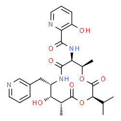 ChemSpider 2D Image | 3-Hydroxy-N-[(2R,5R,6S,9S,10S,11R)-10-hydroxy-2-isopropyl-5,11-dimethyl-3,7,12-trioxo-9-(3-pyridinylmethyl)-1,4-dioxa-8-azacyclododecan-6-yl]-2-pyridinecarboxamide | C26H32N4O8