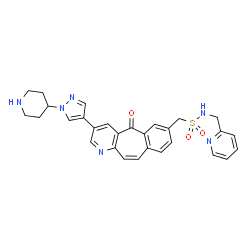 ChemSpider 2D Image | 1-{5-Oxo-3-[1-(4-piperidinyl)-1H-pyrazol-4-yl]-5H-benzo[4,5]cyclohepta[1,2-b]pyridin-7-yl}-N-(2-pyridinylmethyl)methanesulfonamide | C29H28N6O3S