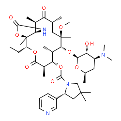 ChemSpider 2D Image | (3aS,4R,7R,8S,9S,10R,11R,13R,15R,15aR)-4-Ethyl-11-methoxy-3a,7,9,11,13,15-hexamethyl-2,6,14-trioxo-10-{[3,4,6-trideoxy-3-(dimethylamino)-beta-D-xylo-hexopyranosyl]oxy}tetradecahydro-2H-oxacyclotetrade
cino[4,3-d][1,3]oxazol-8-yl (2R)-4,4-dimethyl-2-(3-pyridinyl)-1-pyrrolidinecarboxylate | C43H68N4O11