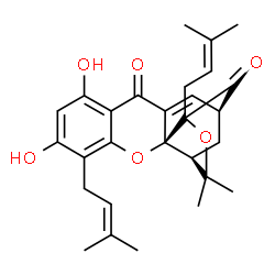 ChemSpider 2D Image | (1S,2S,13S,15R)-6,8-Dihydroxy-17,17-dimethyl-5,15-bis(3-methyl-2-buten-1-yl)-3,16-dioxapentacyclo[11.4.1.0~2,11~.0~2,15~.0~4,9~]octadeca-4,6,8,11-tetraene-10,14-dione | C28H32O6