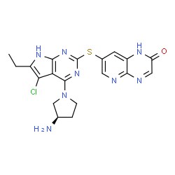 ChemSpider 2D Image | 7-({4-[(3R)-3-Amino-1-pyrrolidinyl]-5-chloro-6-ethyl-7H-pyrrolo[2,3-d]pyrimidin-2-yl}sulfanyl)pyrido[2,3-b]pyrazin-2(1H)-one | C19H19ClN8OS