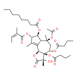 ChemSpider 2D Image | (3S,3aR,4S,6S,6aR,7S,8S,9bS)-6-Acetoxy-3a,4-bis(butyryloxy)-3-hydroxy-3,6,9-trimethyl-8-{[(2Z)-2-methyl-2-butenoyl]oxy}-2-oxo-2,3,3a,4,5,6,6a,7,8,9b-decahydroazuleno[4,5-b]furan-7-yl octanoate | C38H56O13