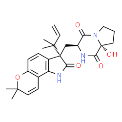 ChemSpider 2D Image | (3S,8aR)-3-{[(3S)-7,7-Dimethyl-3-(2-methyl-3-buten-2-yl)-2-oxo-1,2,3,7-tetrahydropyrano[2,3-g]indol-3-yl]methyl}-8a-hydroxyhexahydropyrrolo[1,2-a]pyrazine-1,4-dione | C26H31N3O5