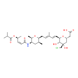 ChemSpider 2D Image | (1S,5R)-1,5-Anhydro-1-(carboxymethyl)-3-C-(chloromethyl)-2-deoxy-5-{(1E,3E)-5-[(2S,3S,5R,6R)-5-{[(2Z,4S)-4-(isobutyryloxy)-2-pentenoyl]amino}-3,6-dimethyltetrahydro-2H-pyran-2-yl]-3-methyl-1,3-pentadi
en-1-yl}-D-erythro-pentitol | C30H46ClNO9
