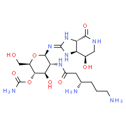 ChemSpider 2D Image | 4-O-Carbamoyl-2-deoxy-2-{[(3S)-3,6-diaminohexanoyl]amino}-N-[(3aS,7R,7aS)-7-hydroxy-4-oxo-3a,4,5,6,7,7a-hexahydro-1H-imidazo[4,5-c]pyridin-2-yl]-beta-D-glucopyranosylamine | C19H34N8O8