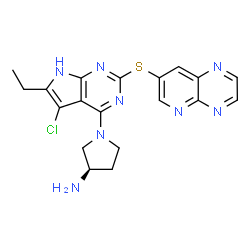 ChemSpider 2D Image | (3R)-1-[5-Chloro-6-ethyl-2-(pyrido[2,3-b]pyrazin-7-ylsulfanyl)-7H-pyrrolo[2,3-d]pyrimidin-4-yl]-3-pyrrolidinamine | C19H19ClN8S