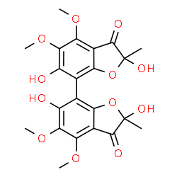 ChemSpider 2D Image | 2,2',6,6'-Tetrahydroxy-4,4',5,5'-tetramethoxy-2,2'-dimethyl-7,7'-bi-1-benzofuran-3,3'(2H,2'H)-dione | C22H22O12