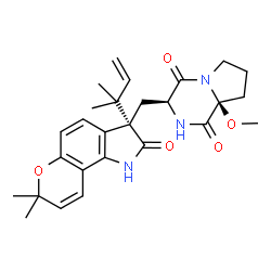 ChemSpider 2D Image | (3S,8aS)-3-{[(3S)-7,7-Dimethyl-3-(2-methyl-3-buten-2-yl)-2-oxo-1,2,3,7-tetrahydropyrano[2,3-g]indol-3-yl]methyl}-8a-methoxyhexahydropyrrolo[1,2-a]pyrazine-1,4-dione | C27H33N3O5