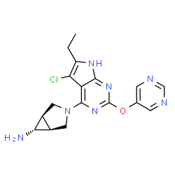 ChemSpider 2D Image | (1R,5S,6s)-3-[5-Chloro-6-ethyl-2-(5-pyrimidinyloxy)-1H-pyrrolo[2,3-d]pyrimidin-4-yl]-3-azabicyclo[3.1.0]hexan-6-amine | C17H18ClN7O