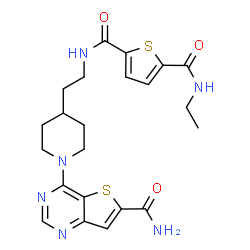 ChemSpider 2D Image | N-{2-[1-(6-Carbamoylthieno[3,2-d]pyrimidin-4-yl)-4-piperidinyl]ethyl}-N'-ethyl-2,5-thiophenedicarboxamide | C22H26N6O3S2