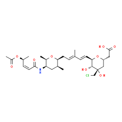 ChemSpider 2D Image | (1S,5R)-5-{(1E,3E)-5-[(2S,3S,5R,6R)-5-{[(2Z,4S)-4-Acetoxy-2-pentenoyl]amino}-3,6-dimethyltetrahydro-2H-pyran-2-yl]-3-methyl-1,3-pentadien-1-yl}-1,5-anhydro-1-(carboxymethyl)-3-C-(chloromethyl)-2-deoxy
-D-erythro-pentitol | C28H42ClNO9