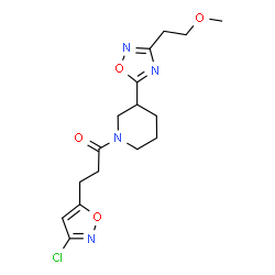 ChemSpider 2D Image | 3-(3-Chloro-1,2-oxazol-5-yl)-1-{3-[3-(2-methoxyethyl)-1,2,4-oxadiazol-5-yl]-1-piperidinyl}-1-propanone | C16H21ClN4O4