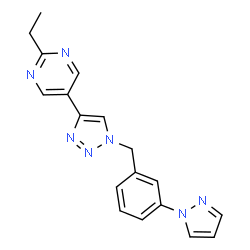 ChemSpider 2D Image | 2-Ethyl-5-{1-[3-(1H-pyrazol-1-yl)benzyl]-1H-1,2,3-triazol-4-yl}pyrimidine | C18H17N7