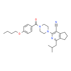ChemSpider 2D Image | 3-[4-(4-Butoxybenzoyl)-1-piperazinyl]-1-isobutyl-6,7-dihydro-5H-cyclopenta[c]pyridine-4-carbonitrile | C28H36N4O2