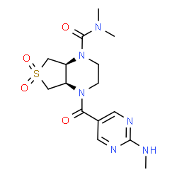 ChemSpider 2D Image | (4aR,7aS)-N,N-Dimethyl-4-{[2-(methylamino)-5-pyrimidinyl]carbonyl}hexahydrothieno[3,4-b]pyrazine-1(2H)-carboxamide 6,6-dioxide | C15H22N6O4S