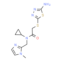 ChemSpider 2D Image | 2-[(5-Amino-1,3,4-thiadiazol-2-yl)sulfanyl]-N-cyclopropyl-N-[(1-methyl-1H-imidazol-2-yl)methyl]acetamide | C12H16N6OS2