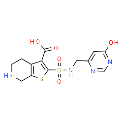 ChemSpider 2D Image | 2-{[(6-Oxo-1,6-dihydro-4-pyrimidinyl)methyl]sulfamoyl}-4,5,6,7-tetrahydrothieno[2,3-c]pyridine-3-carboxylic acid | C13H14N4O5S2