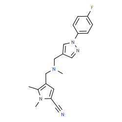 ChemSpider 2D Image | 4-{[{[1-(4-Fluorophenyl)-1H-pyrazol-4-yl]methyl}(methyl)amino]methyl}-1,5-dimethyl-1H-pyrrole-2-carbonitrile | C19H20FN5