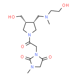 ChemSpider 2D Image | 3-{2-[(3R,4R)-3-{[(2-Hydroxyethyl)(methyl)amino]methyl}-4-(hydroxymethyl)-1-pyrrolidinyl]-2-oxoethyl}-1-methyl-2,4-imidazolidinedione | C15H26N4O5