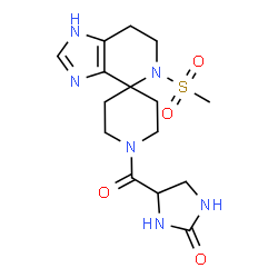 ChemSpider 2D Image | 4-{[5-(Methylsulfonyl)-1,5,6,7-tetrahydro-1'H-spiro[imidazo[4,5-c]pyridine-4,4'-piperidin]-1'-yl]carbonyl}-2-imidazolidinone | C15H22N6O4S