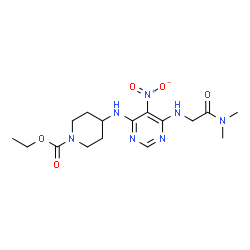 ChemSpider 2D Image | Ethyl 4-[(6-{[2-(dimethylamino)-2-oxoethyl]amino}-5-nitro-4-pyrimidinyl)amino]-1-piperidinecarboxylate | C16H25N7O5