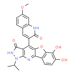 ChemSpider 2D Image | 6,7-Dihydroxy-1-isopropyl-4-(7-methoxy-2-oxo-1,2-dihydro-3-quinolinyl)-1,2-dihydro-3H-[1]benzofuro[3,2-b]pyrazolo[4,3-e]pyridin-3-one | C25H20N4O6