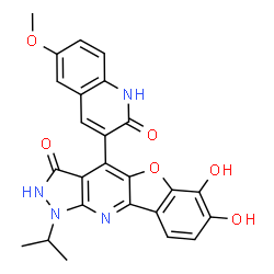 ChemSpider 2D Image | 6,7-Dihydroxy-1-isopropyl-4-(6-methoxy-2-oxo-1,2-dihydro-3-quinolinyl)-1,2-dihydro-3H-[1]benzofuro[3,2-b]pyrazolo[4,3-e]pyridin-3-one | C25H20N4O6