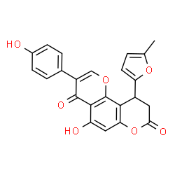 ChemSpider 2D Image | 5-Hydroxy-3-(4-hydroxyphenyl)-10-(5-methyl-2-furyl)-9,10-dihydro-4H,8H-pyrano[2,3-f]chromene-4,8-dione | C23H16O7