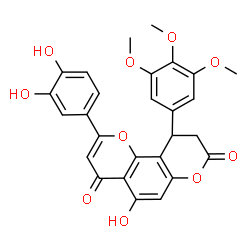 ChemSpider 2D Image | 2-(3,4-Dihydroxyphenyl)-5-hydroxy-10-(3,4,5-trimethoxyphenyl)-9,10-dihydro-4H,8H-pyrano[2,3-f]chromene-4,8-dione | C27H22O10